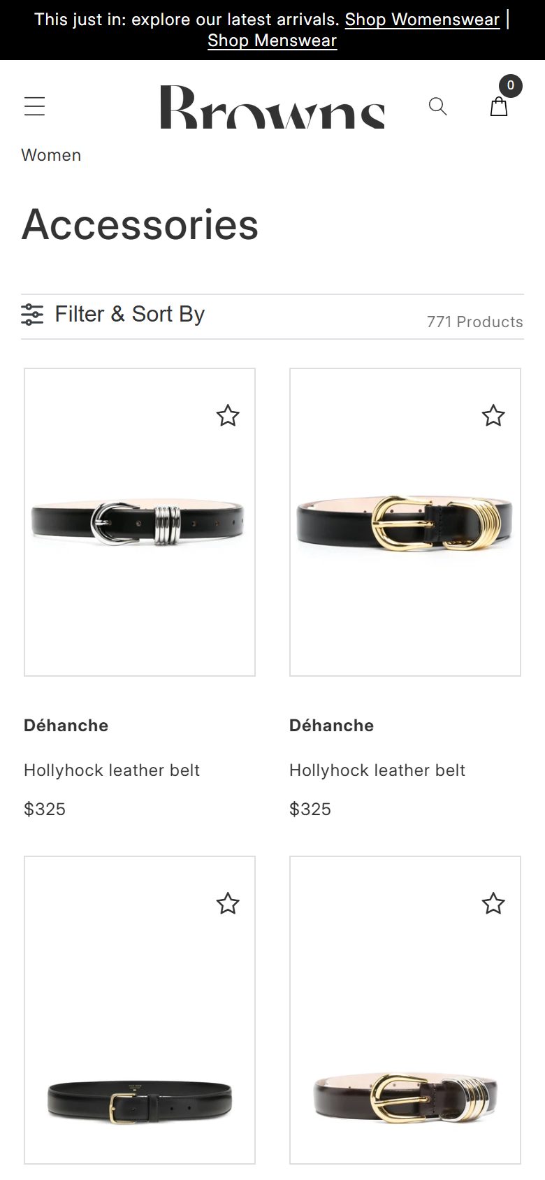 Browns Fashion collection: accessories on mobile, Shopify luxury retail storefront captured at 390 x 844