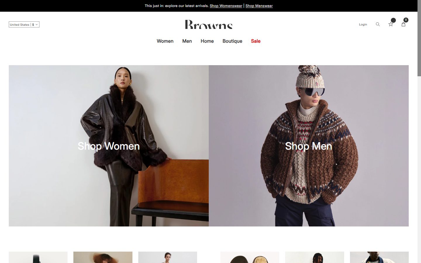 Browns Fashion homepage on desktop, Shopify luxury retail storefront captured at 1440 x 900