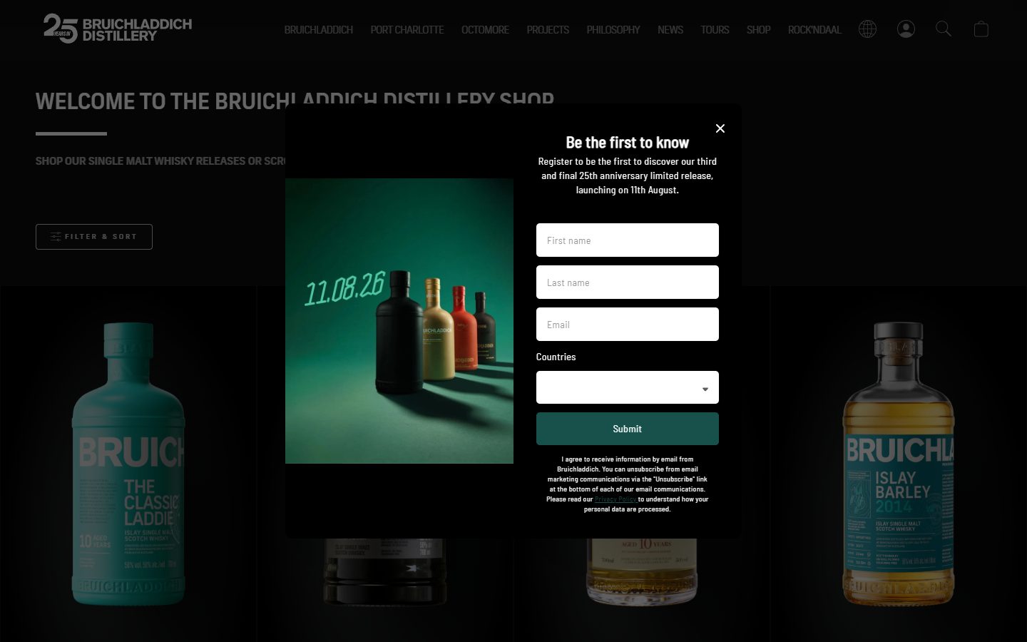 Bruichladdich collection: all product on desktop, Shopify luxury drinks storefront captured at 1440 x 900
