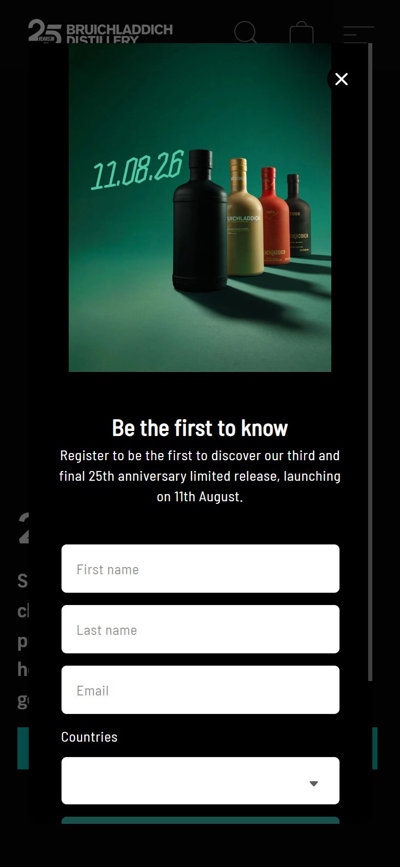 Bruichladdich homepage on mobile, Shopify luxury drinks storefront captured at 390 x 844