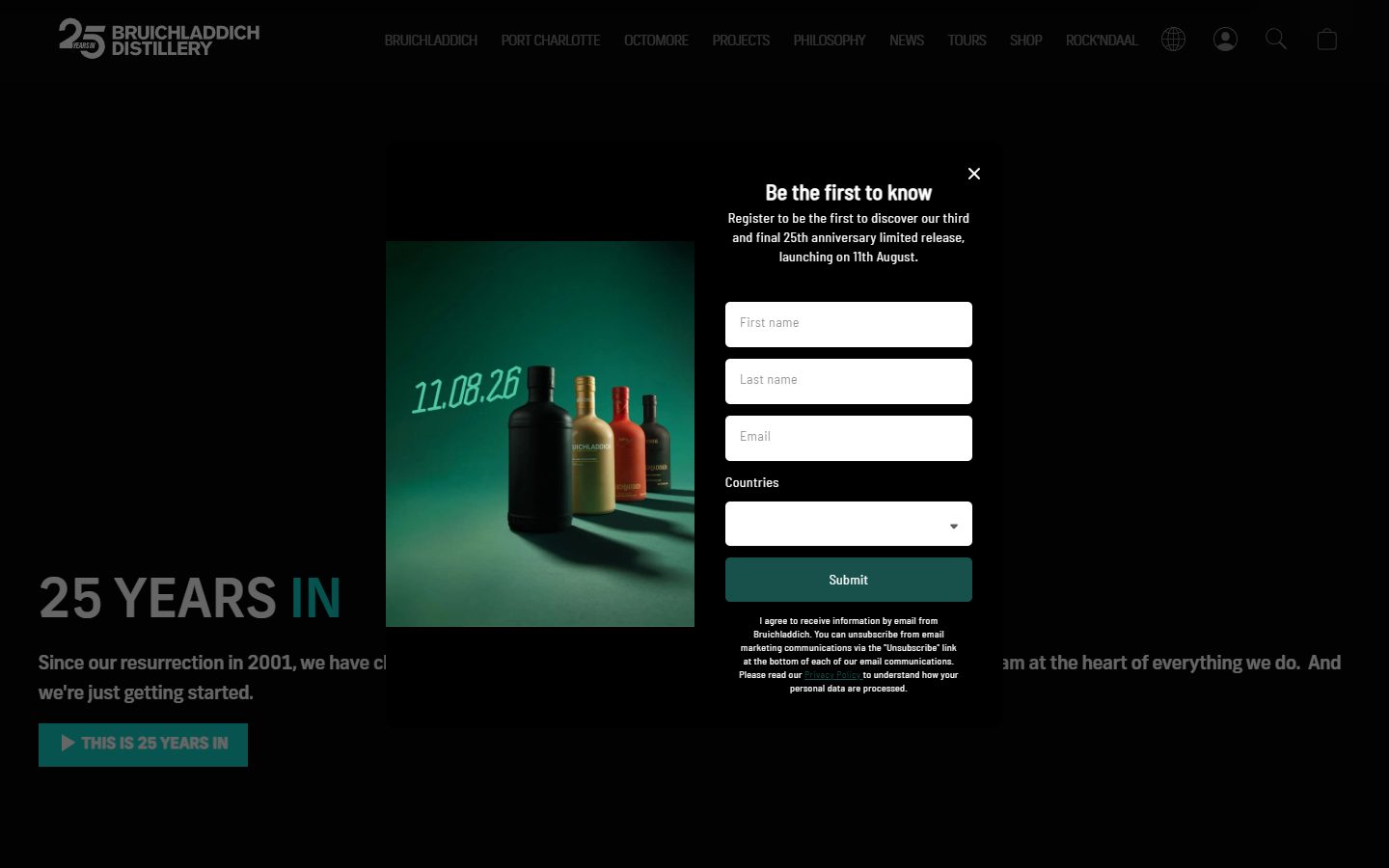 Bruichladdich homepage on desktop, Shopify luxury drinks storefront captured at 1440 x 900