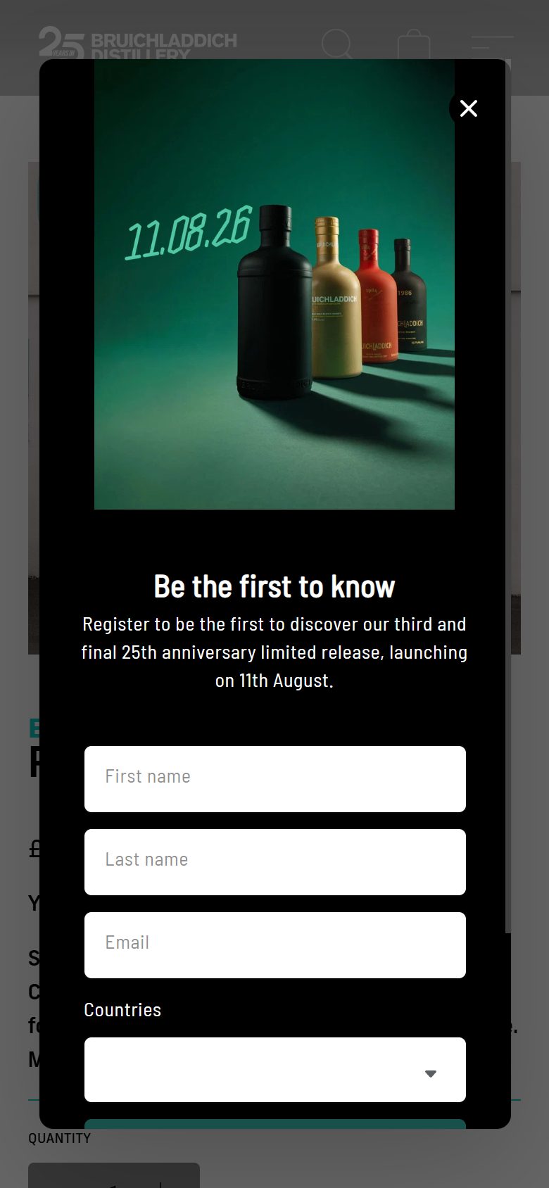 Bruichladdich product page on mobile, Shopify luxury drinks storefront captured at 390 x 844