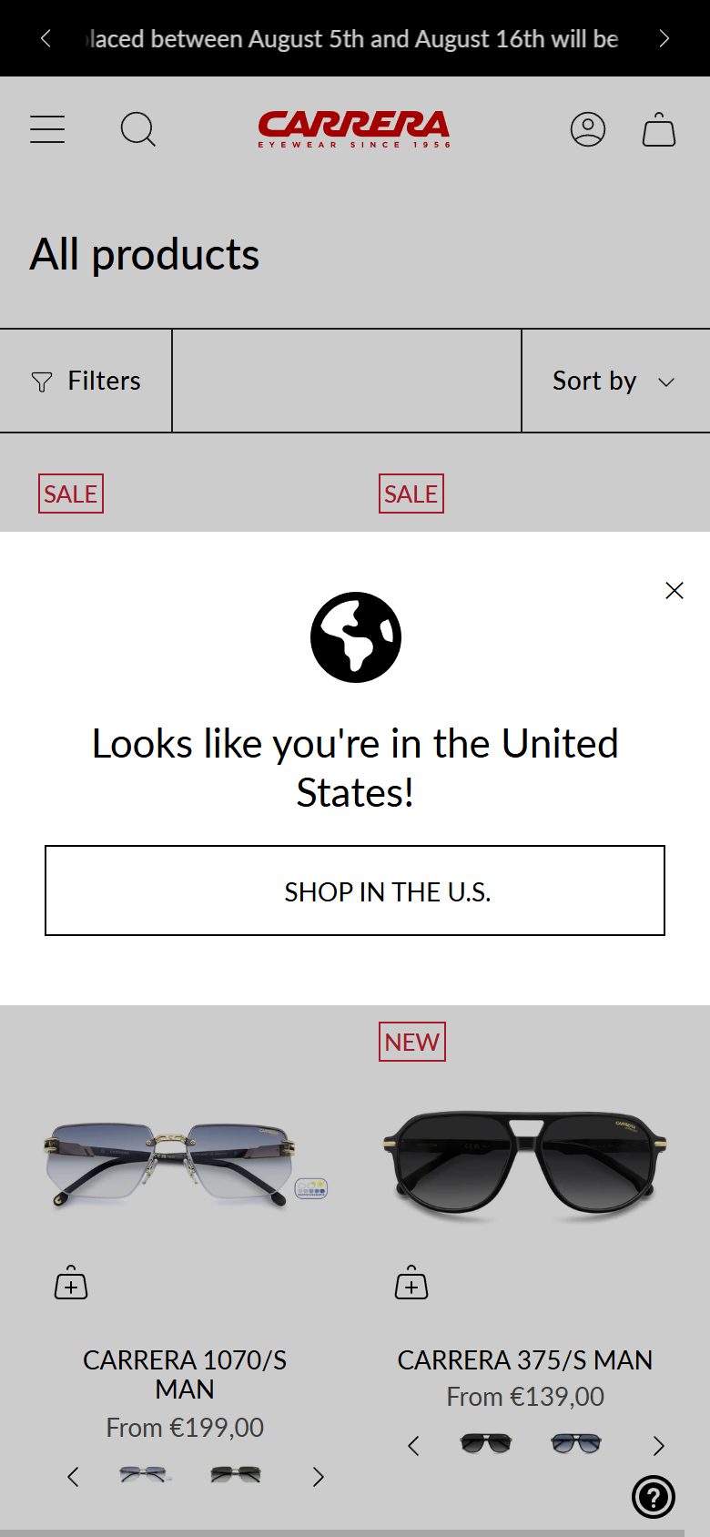 Carrera Eyewear collection: all products on mobile, Shopify luxury eyewear storefront captured at 390 x 844