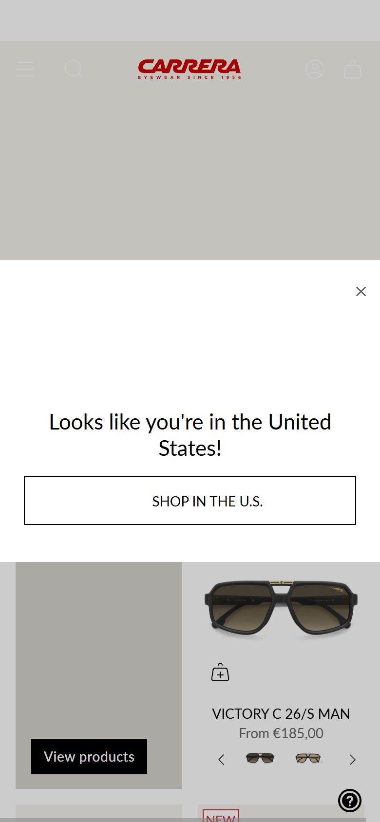 Carrera Eyewear homepage on mobile, Shopify luxury eyewear storefront captured at 390 x 844