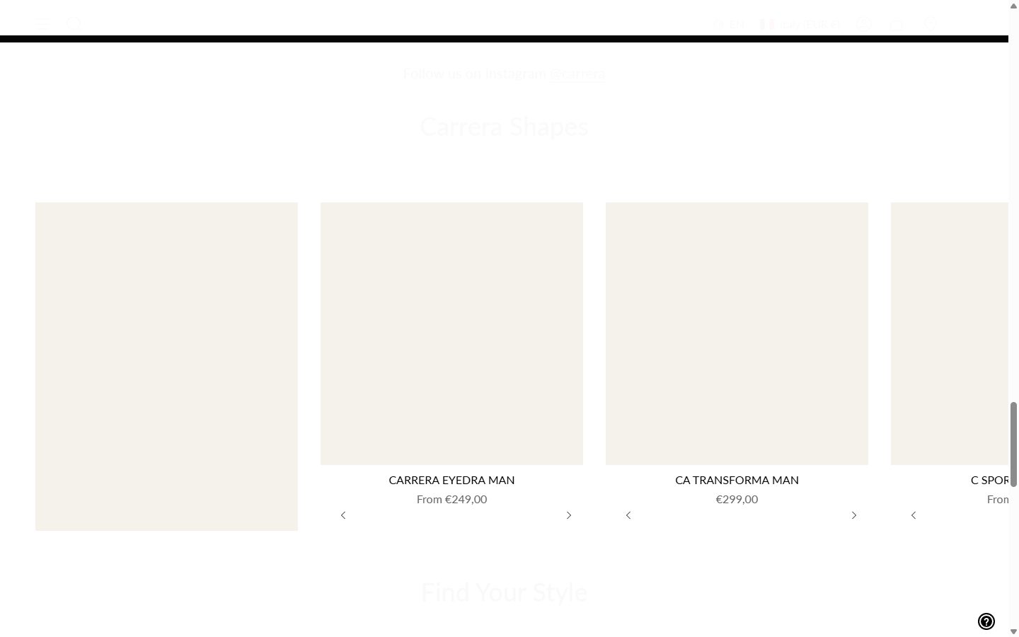 Carrera Eyewear homepage on desktop, Shopify luxury eyewear storefront captured at 1440 x 900