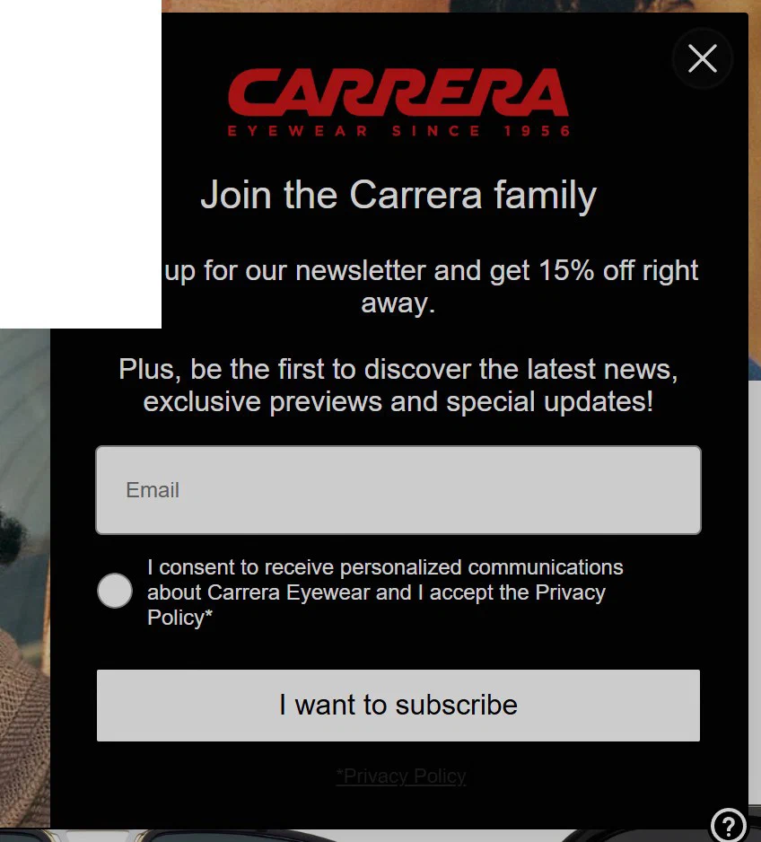 Carrera Eyewear email sign up popup, lower right, offering 15% off