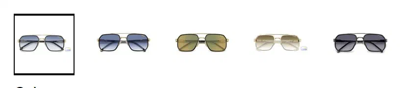 Carrera Eyewear color selector photographed on its product page, 5 square swatches