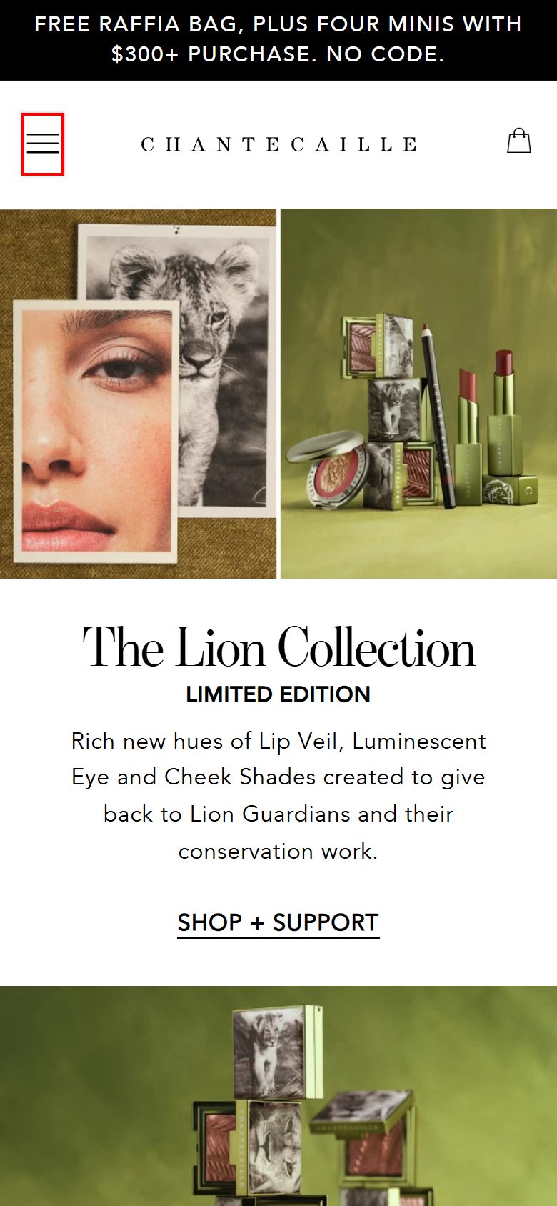 Chantecaille homepage on mobile, Shopify luxury beauty storefront captured at 390 x 844