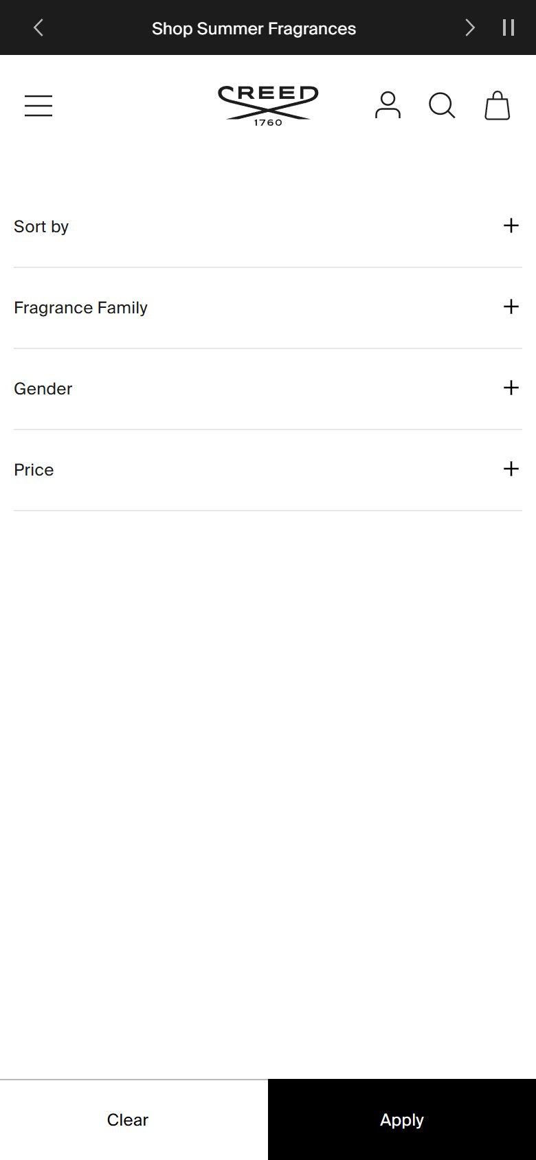 Creed Boutique collection: all fragrance gifts on mobile, not disclosed luxury beauty storefront captured at 390 x 844