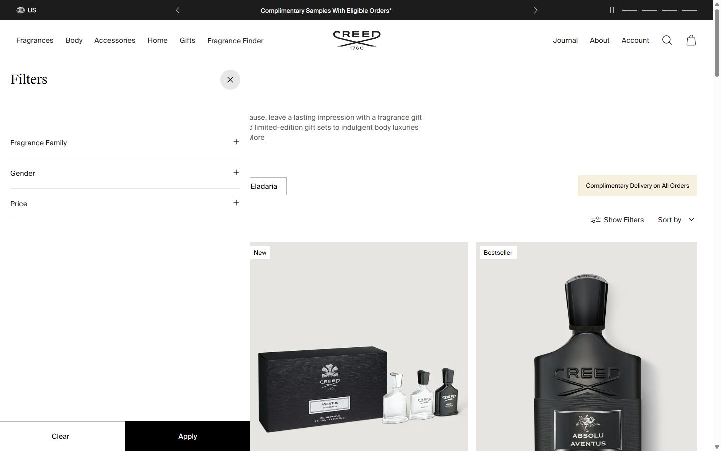 Creed Boutique collection: all fragrance gifts on desktop, not disclosed luxury beauty storefront captured at 1440 x 900