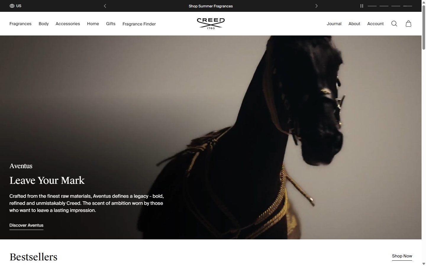 Creed Boutique homepage on desktop, not disclosed luxury beauty storefront captured at 1440 x 900