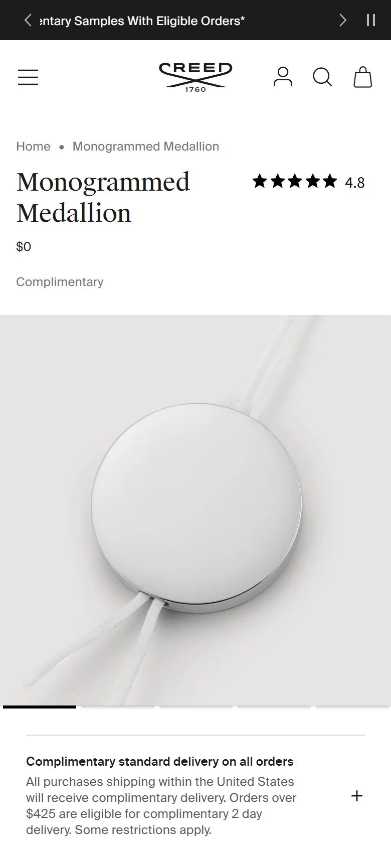 Creed Boutique product page on mobile, not disclosed luxury beauty storefront captured at 390 x 844