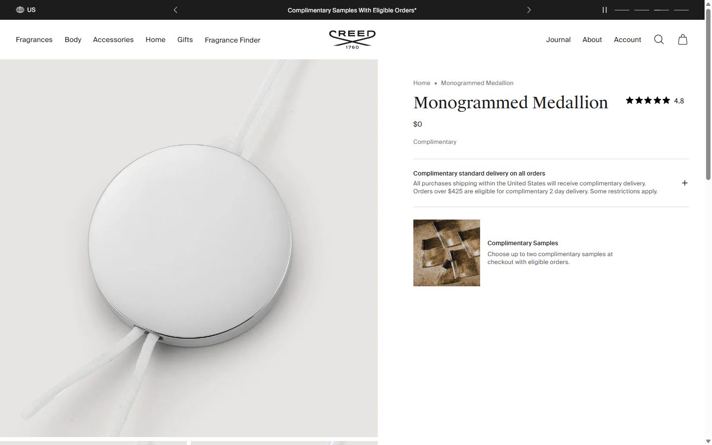 Creed Boutique product page on desktop, not disclosed luxury beauty storefront captured at 1440 x 900
