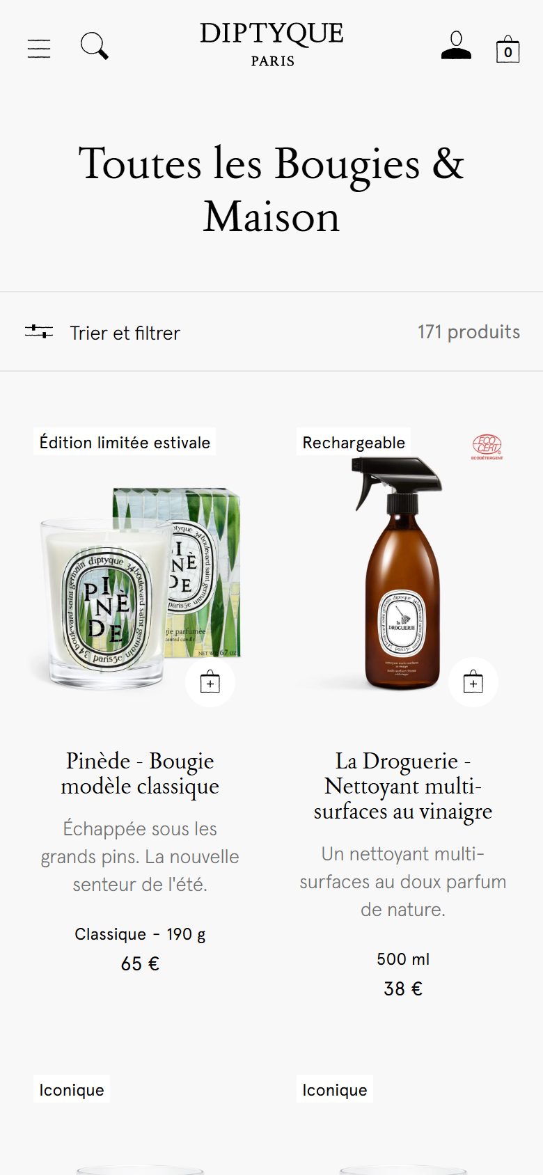 Diptyque collection: toutes les bougies & maison on mobile, not disclosed luxury beauty storefront captured at 390 x 844