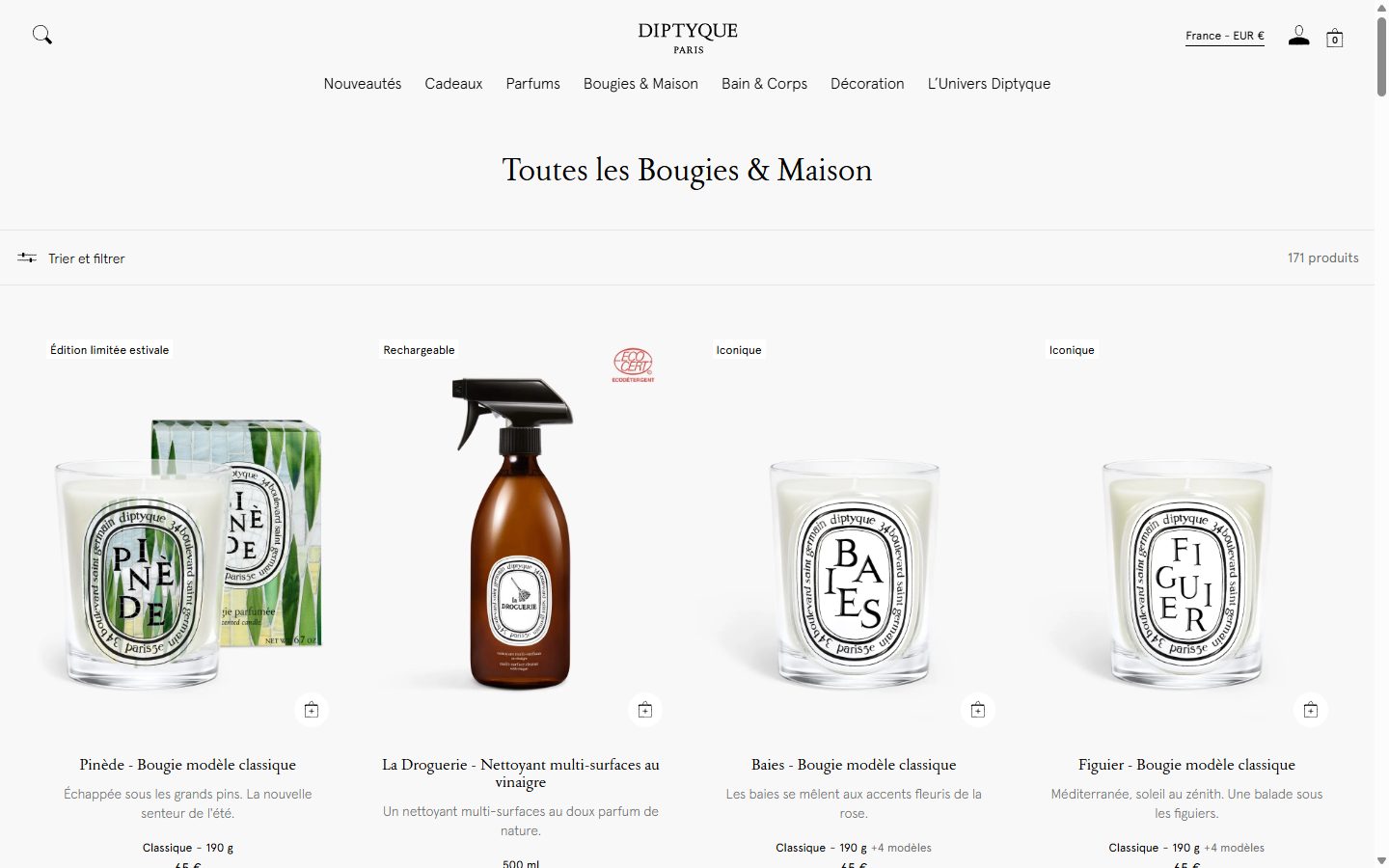 Diptyque collection: toutes les bougies & maison on desktop, not disclosed luxury beauty storefront captured at 1440 x 900