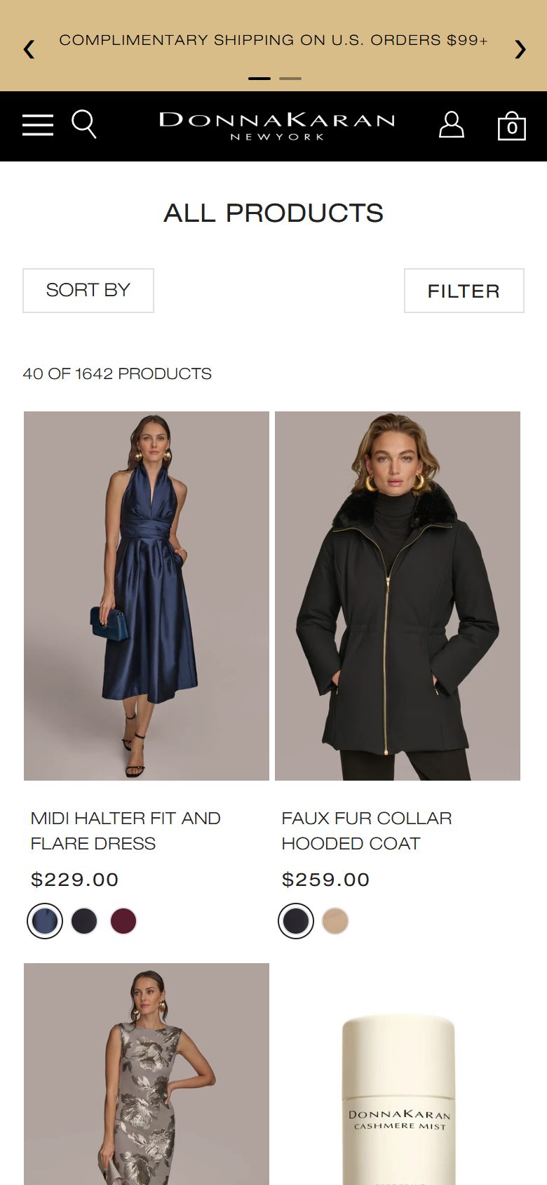 Donna Karan collection: all products on mobile, Shopify luxury fashion storefront captured at 390 x 844