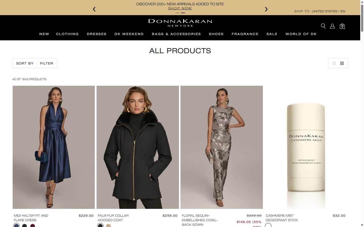 Donna Karan collection: all products on desktop, Shopify luxury fashion storefront captured at 1440 x 900