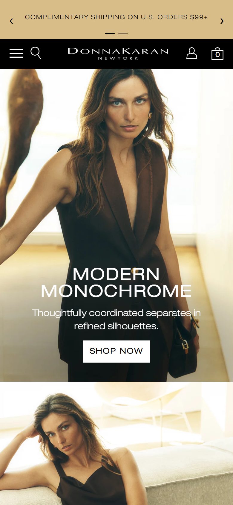 Donna Karan homepage on mobile, Shopify luxury fashion storefront captured at 390 x 844