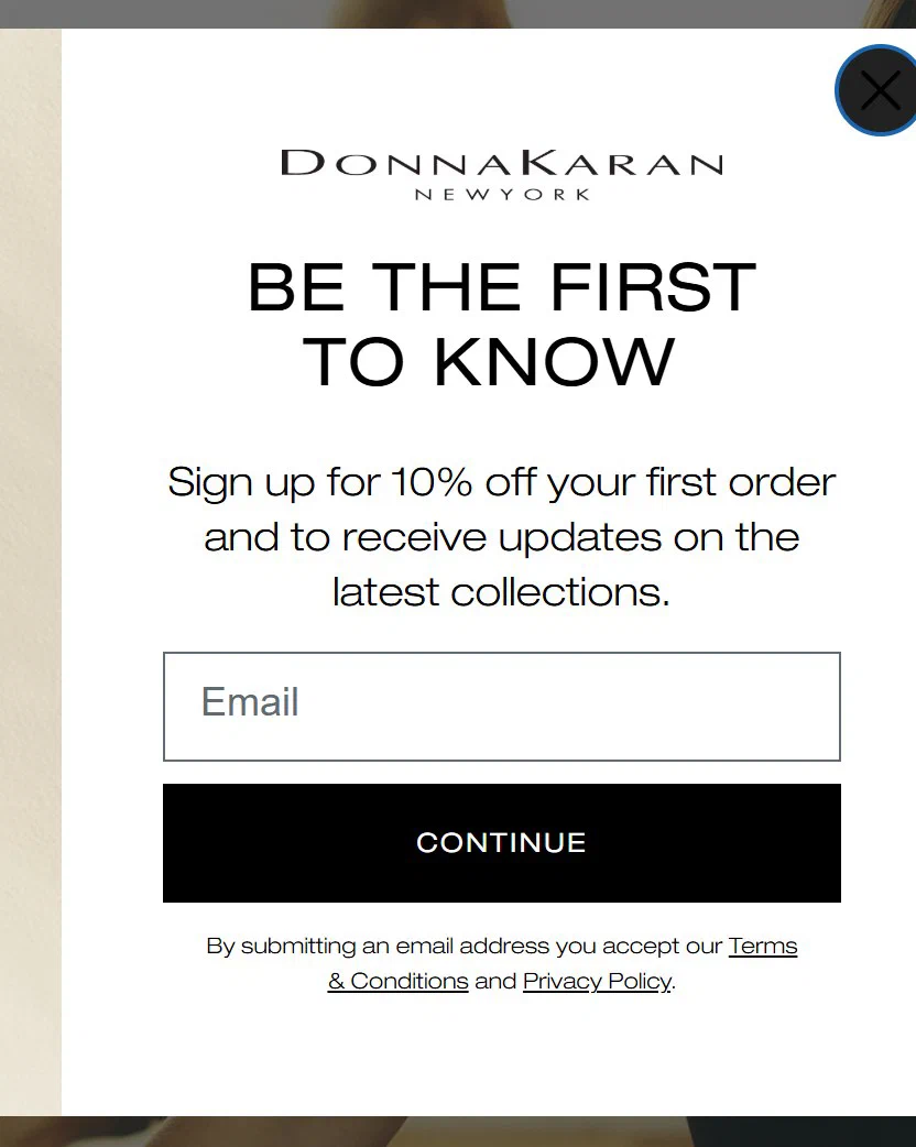 Donna Karan email sign up popup, centred centre, offering 10% off