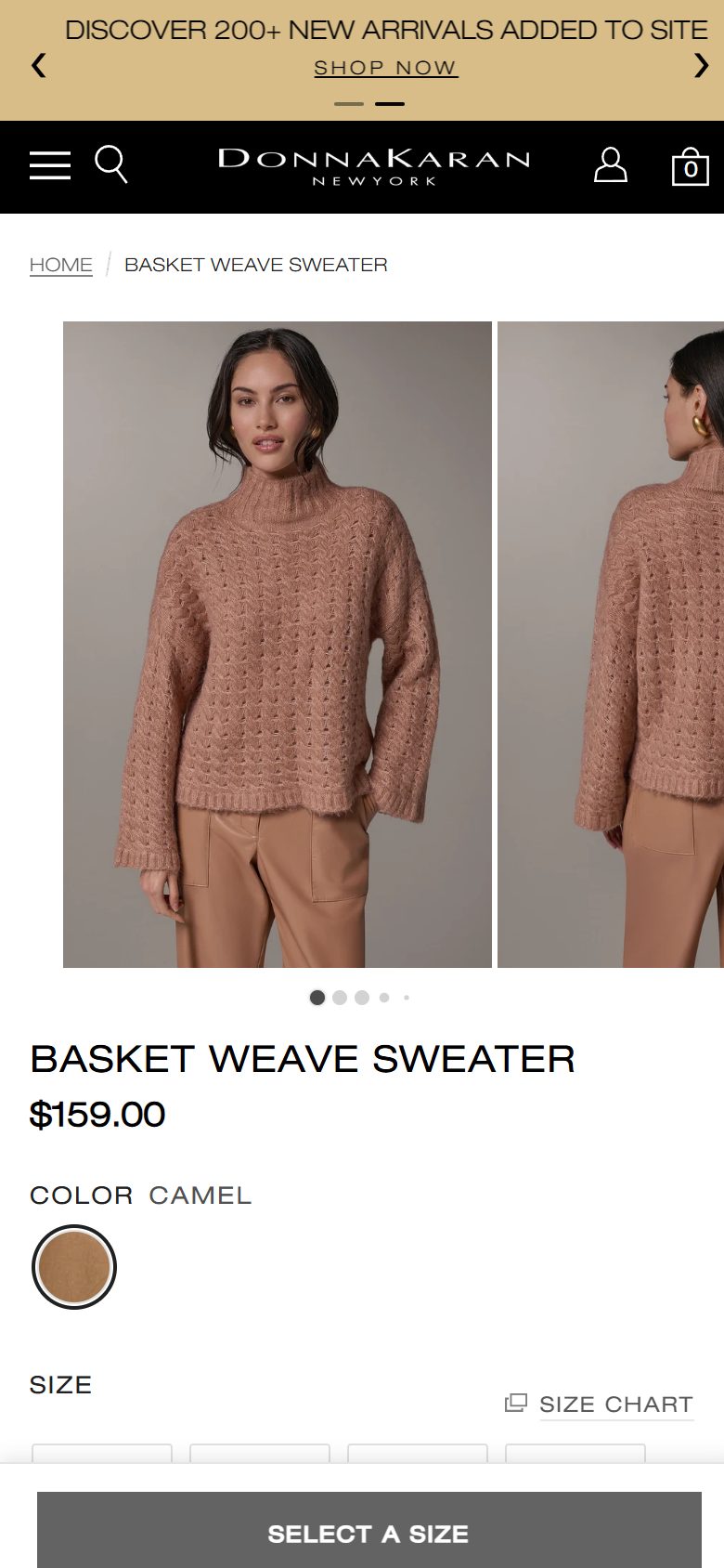 Donna Karan product page on mobile, Shopify luxury fashion storefront captured at 390 x 844