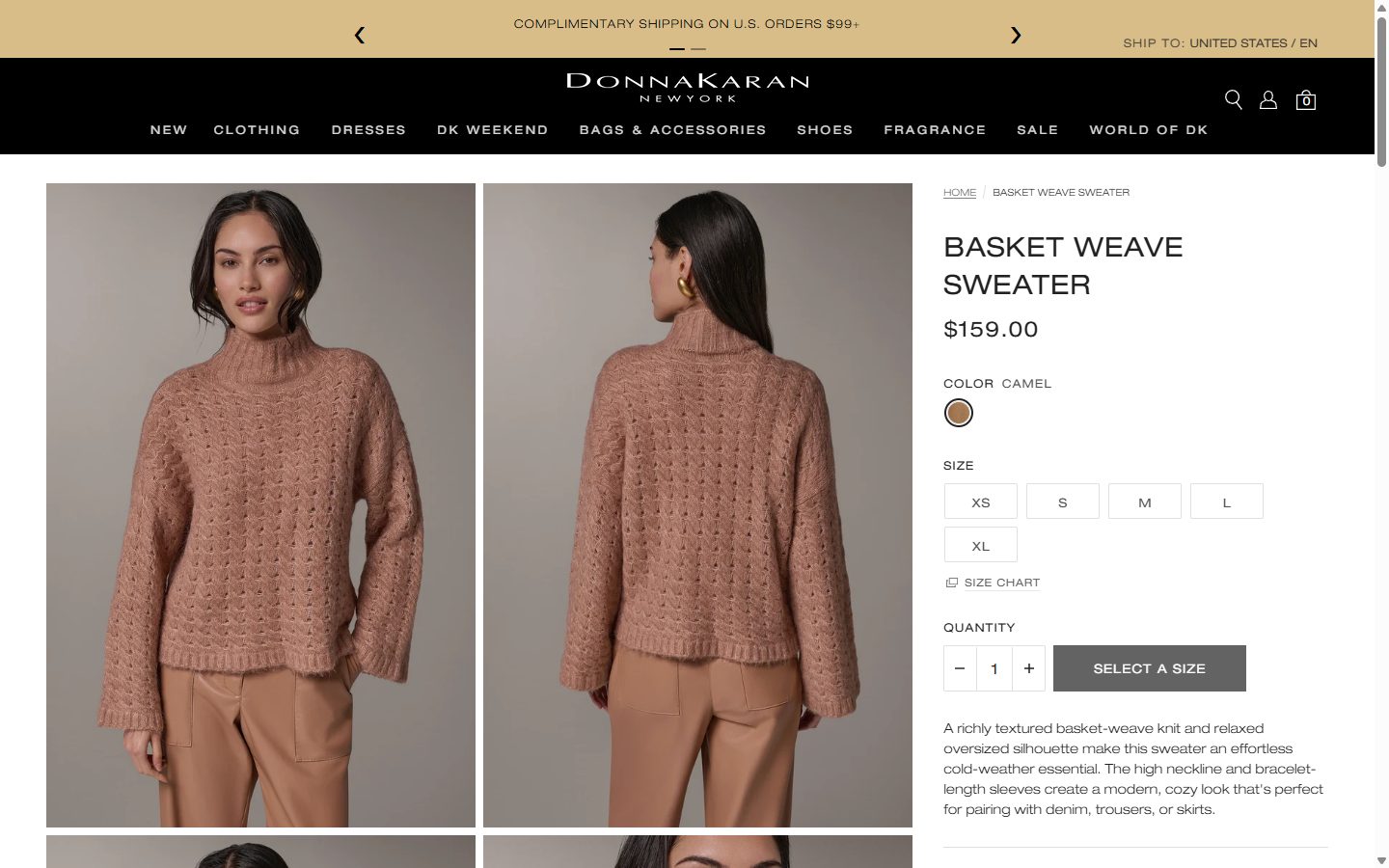 Donna Karan product page on desktop, Shopify luxury fashion storefront captured at 1440 x 900