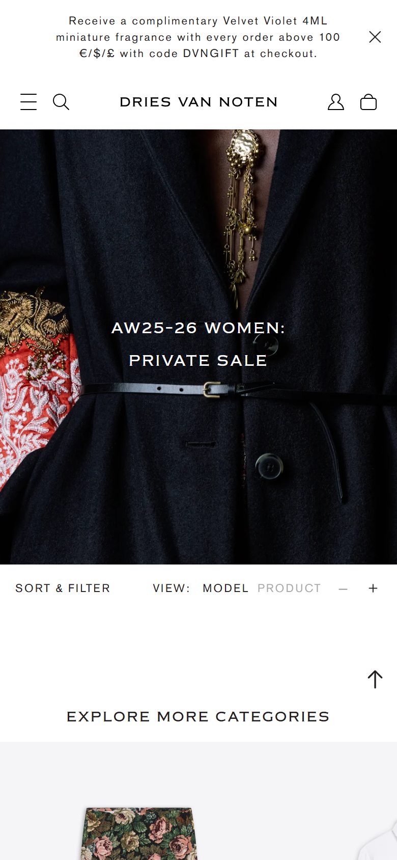 Dries Van Noten collection: aw25-26 women: private sale on mobile, Shopify luxury fashion storefront captured at 390 x 844