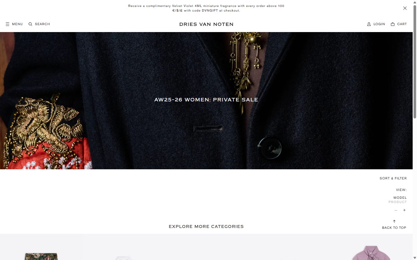 Dries Van Noten collection: aw25-26 women: private sale on desktop, Shopify luxury fashion storefront captured at 1440 x 900