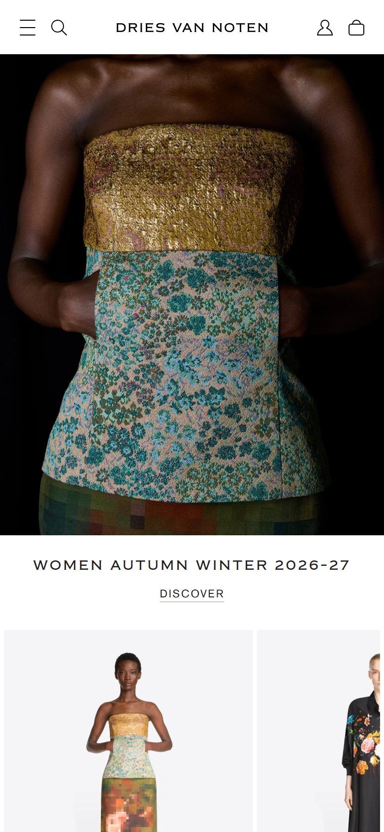 Dries Van Noten homepage on mobile, Shopify luxury fashion storefront captured at 390 x 844