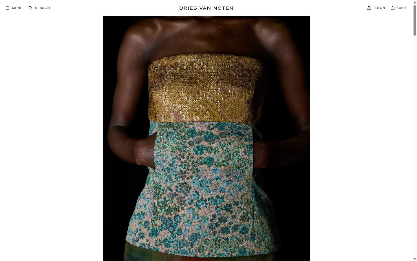 Dries Van Noten homepage on desktop, Shopify luxury fashion storefront captured at 1440 x 900