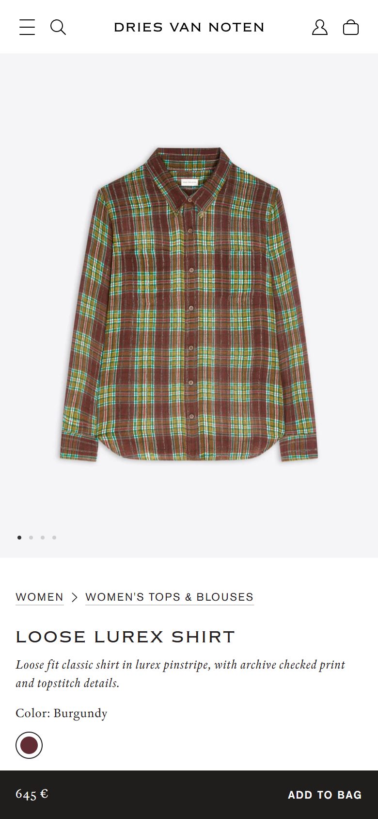 Dries Van Noten product page on mobile, Shopify luxury fashion storefront captured at 390 x 844