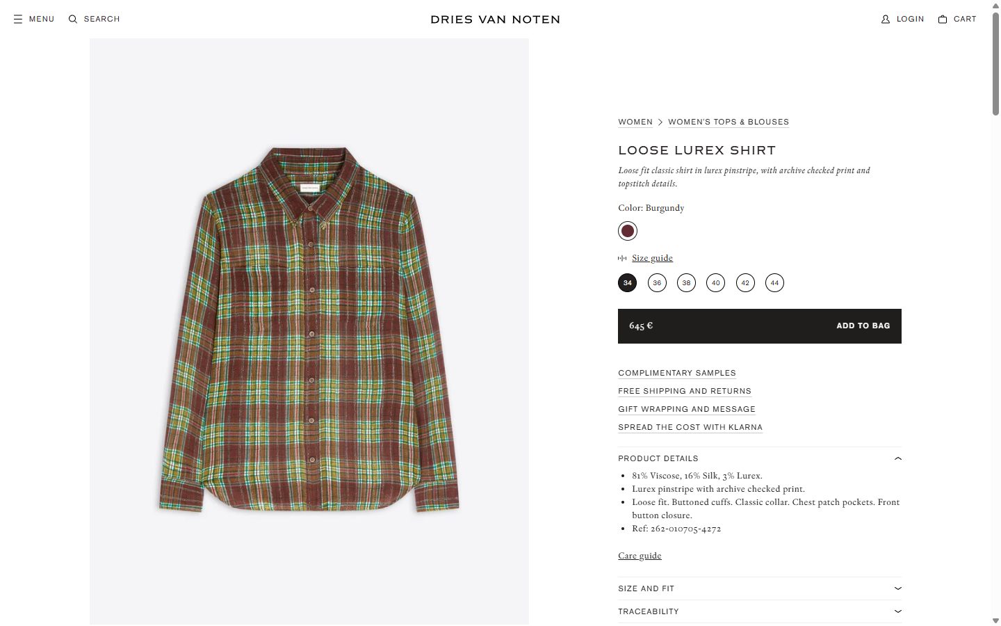 Dries Van Noten product page on desktop, Shopify luxury fashion storefront captured at 1440 x 900