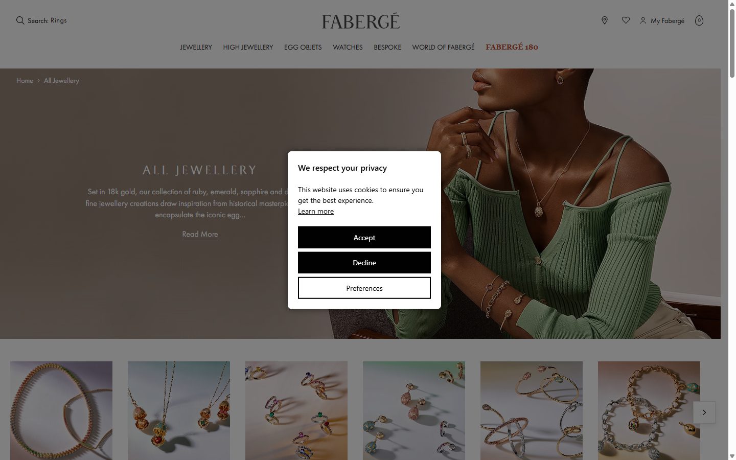 Fabergé collection: all on desktop, Shopify luxury jewelry storefront captured at 1440 x 900