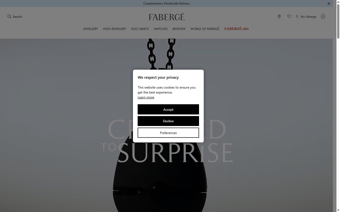 Fabergé homepage on desktop, Shopify luxury jewelry storefront captured at 1440 x 900