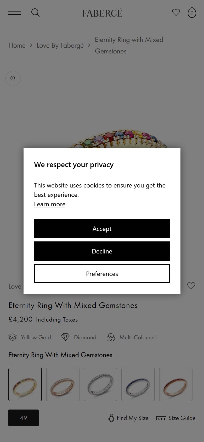 Fabergé product page on mobile, Shopify luxury jewelry storefront captured at 390 x 844