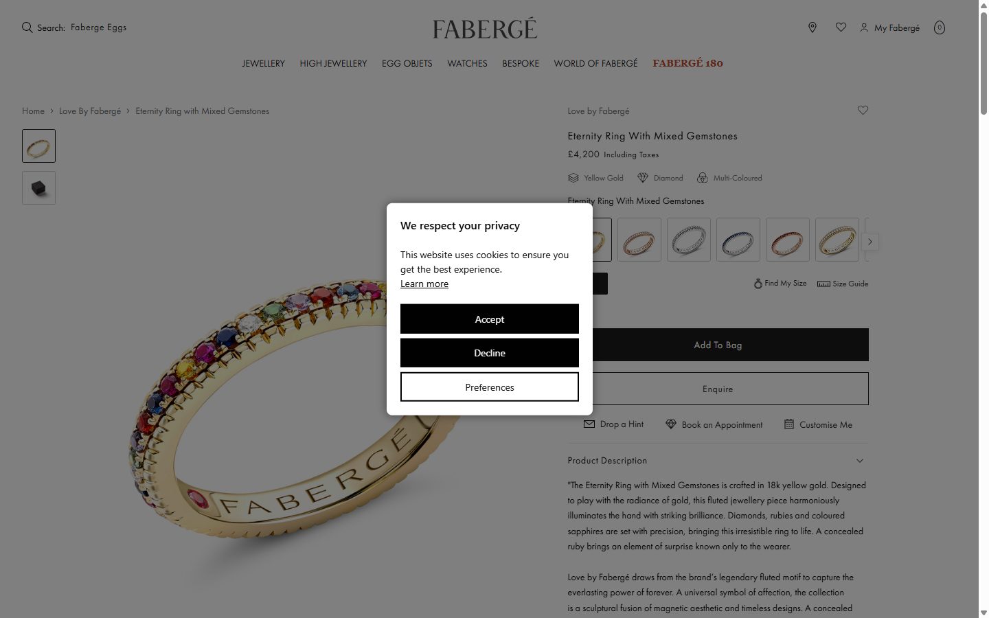Fabergé product page on desktop, Shopify luxury jewelry storefront captured at 1440 x 900