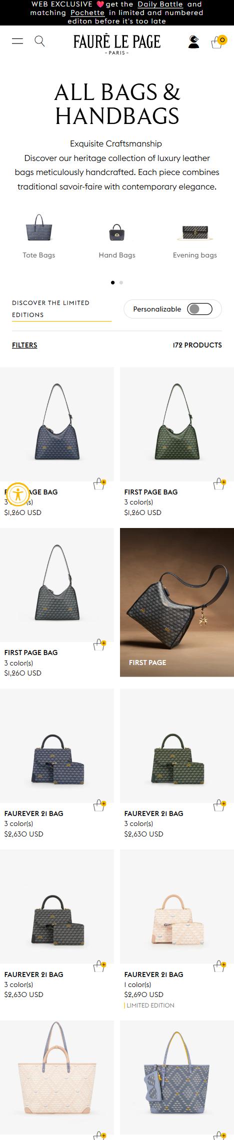 Fauré Le Page collection: all bags on mobile, Shopify luxury leather storefront captured at 390 x 844