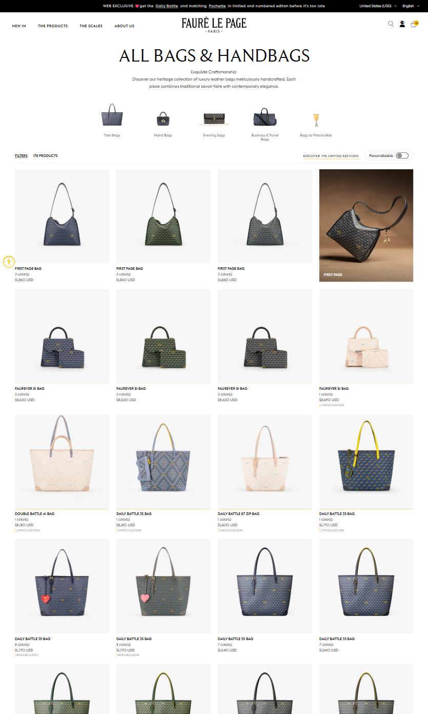 Fauré Le Page collection: all bags on desktop, Shopify luxury leather storefront captured at 1440 x 900