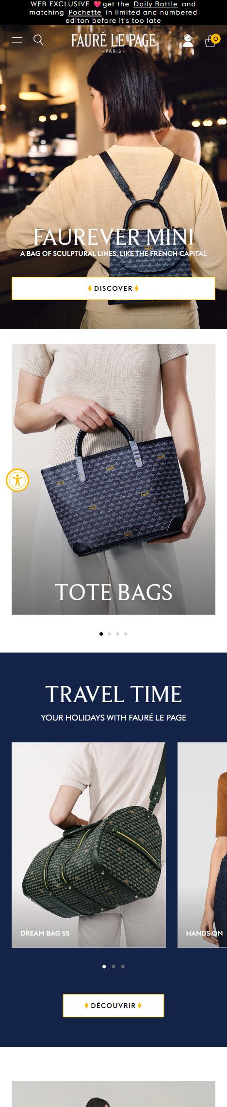 Fauré Le Page homepage on mobile, Shopify luxury leather storefront captured at 390 x 844