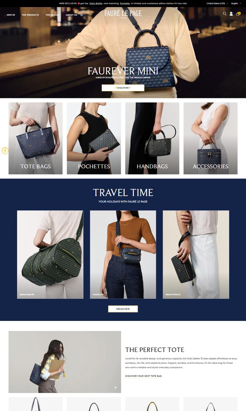 Fauré Le Page homepage on desktop, Shopify luxury leather storefront captured at 1440 x 900