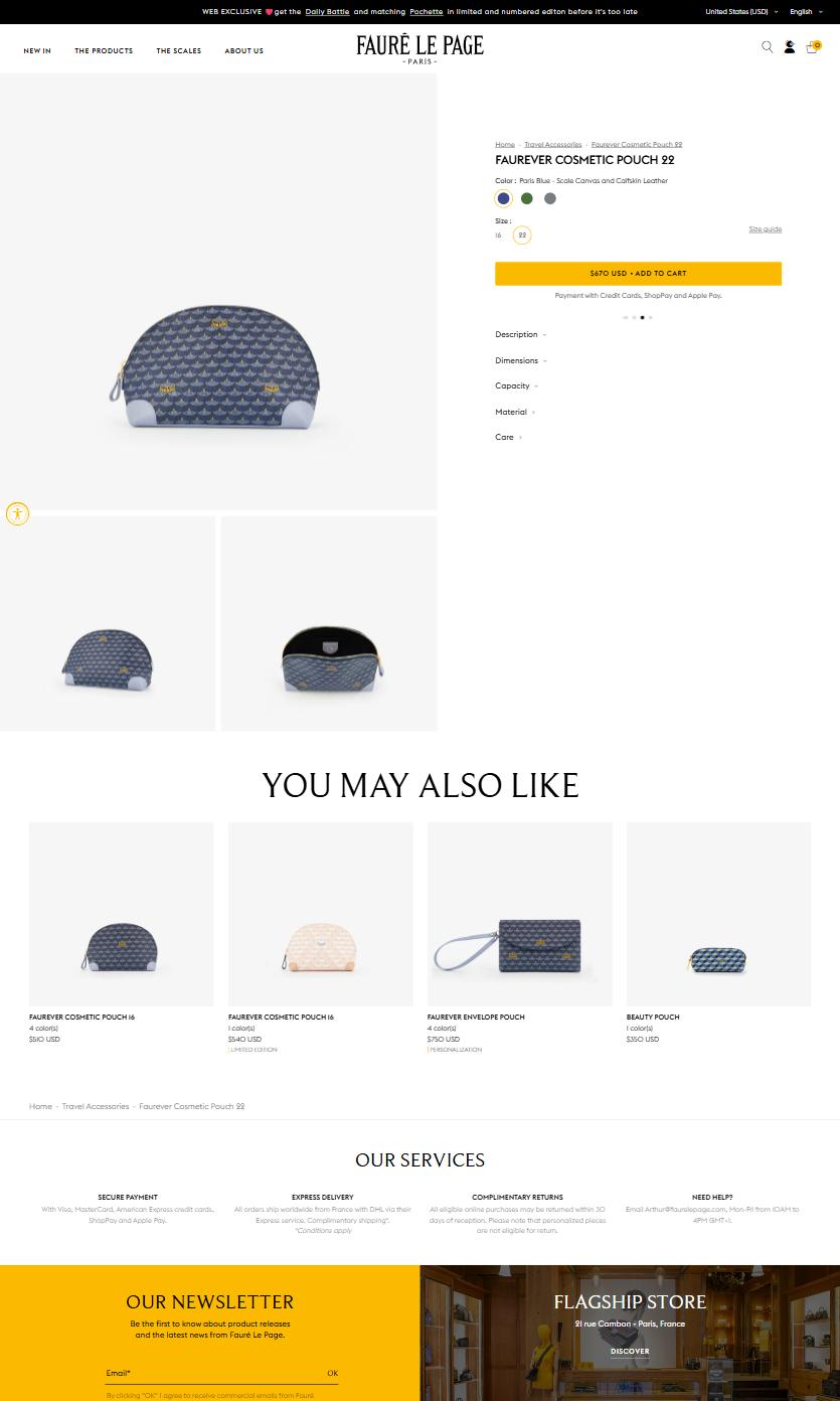 Fauré Le Page product page on desktop, Shopify luxury leather storefront captured at 1440 x 900