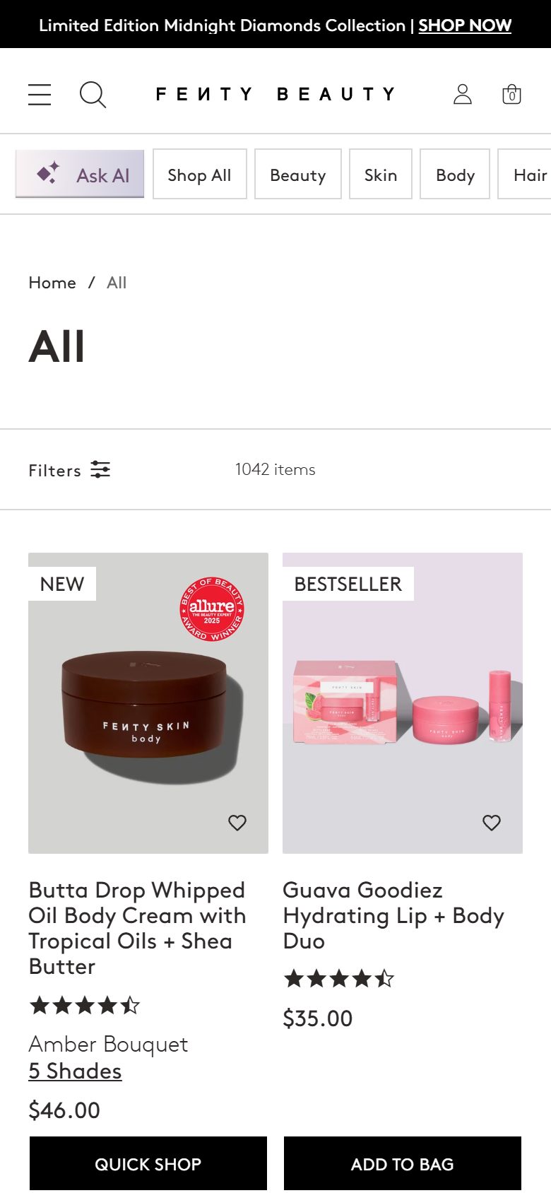 Fenty Beauty collection: all on mobile, not disclosed luxury beauty storefront captured at 390 x 844