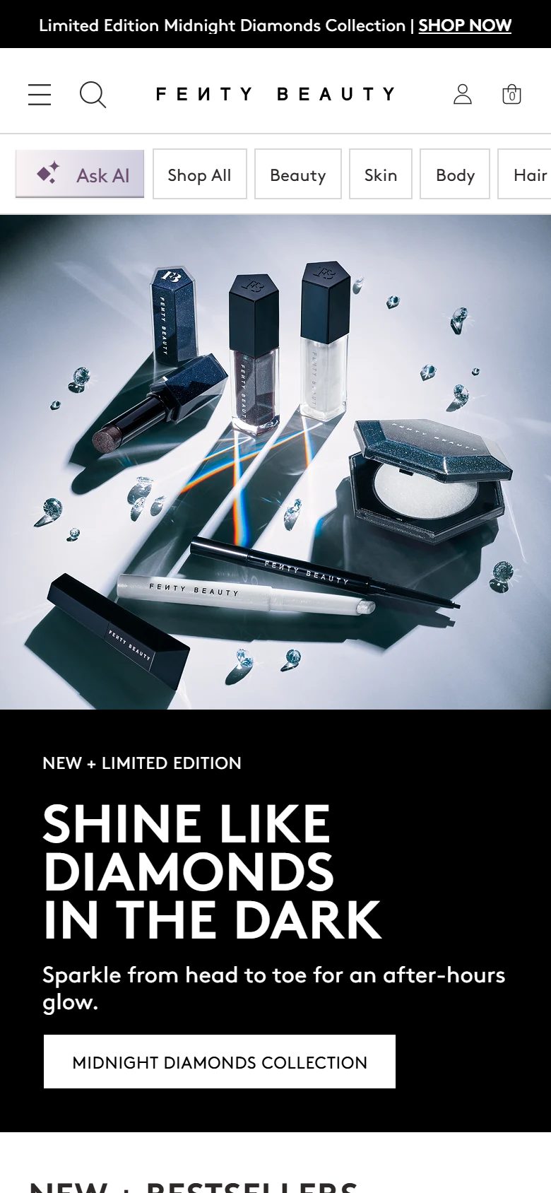 Fenty Beauty homepage on mobile, not disclosed luxury beauty storefront captured at 390 x 844