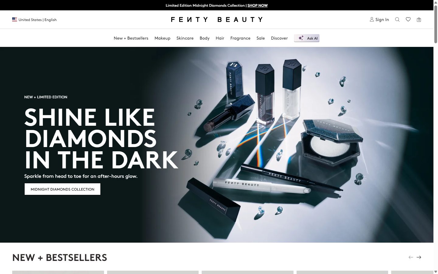 Fenty Beauty homepage on desktop, not disclosed luxury beauty storefront captured at 1440 x 900