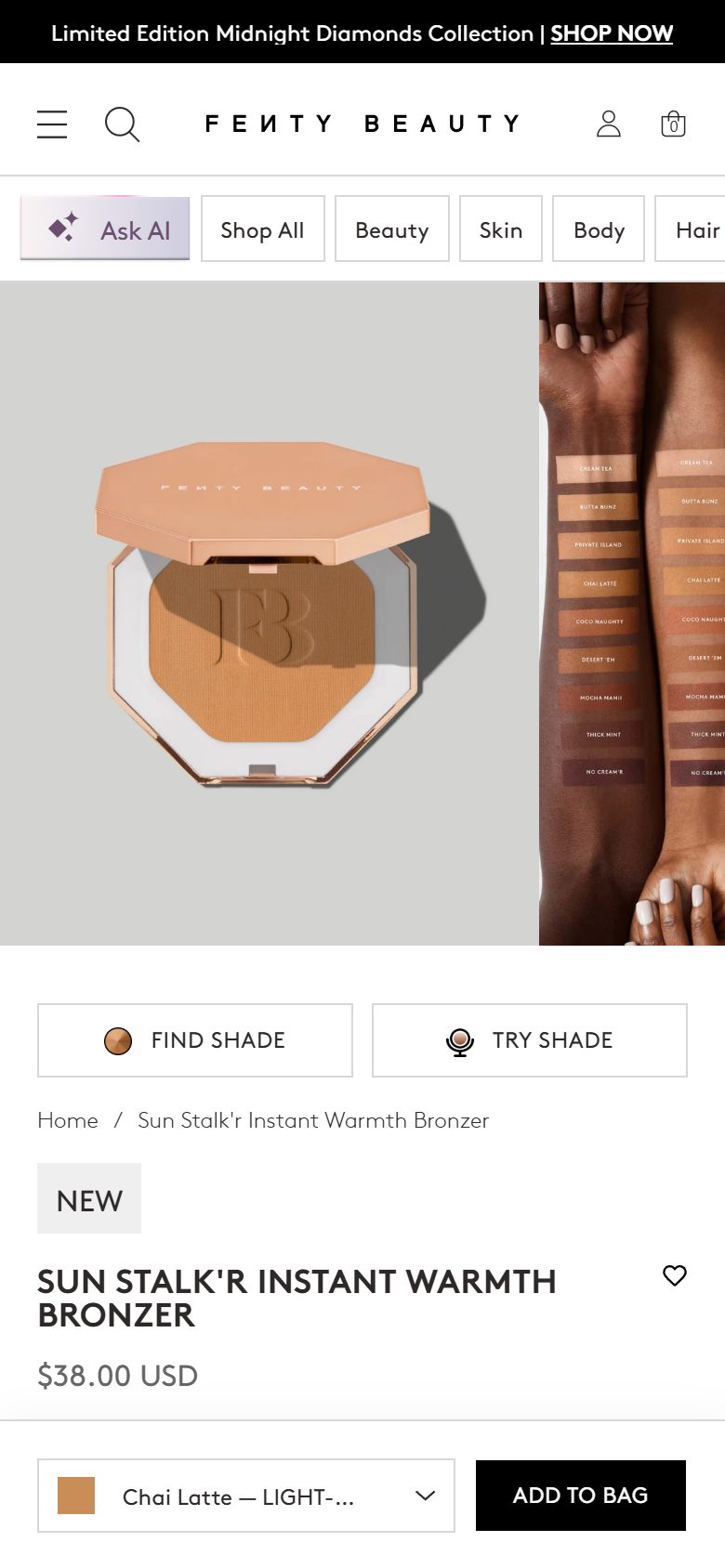 Fenty Beauty product page on mobile, not disclosed luxury beauty storefront captured at 390 x 844