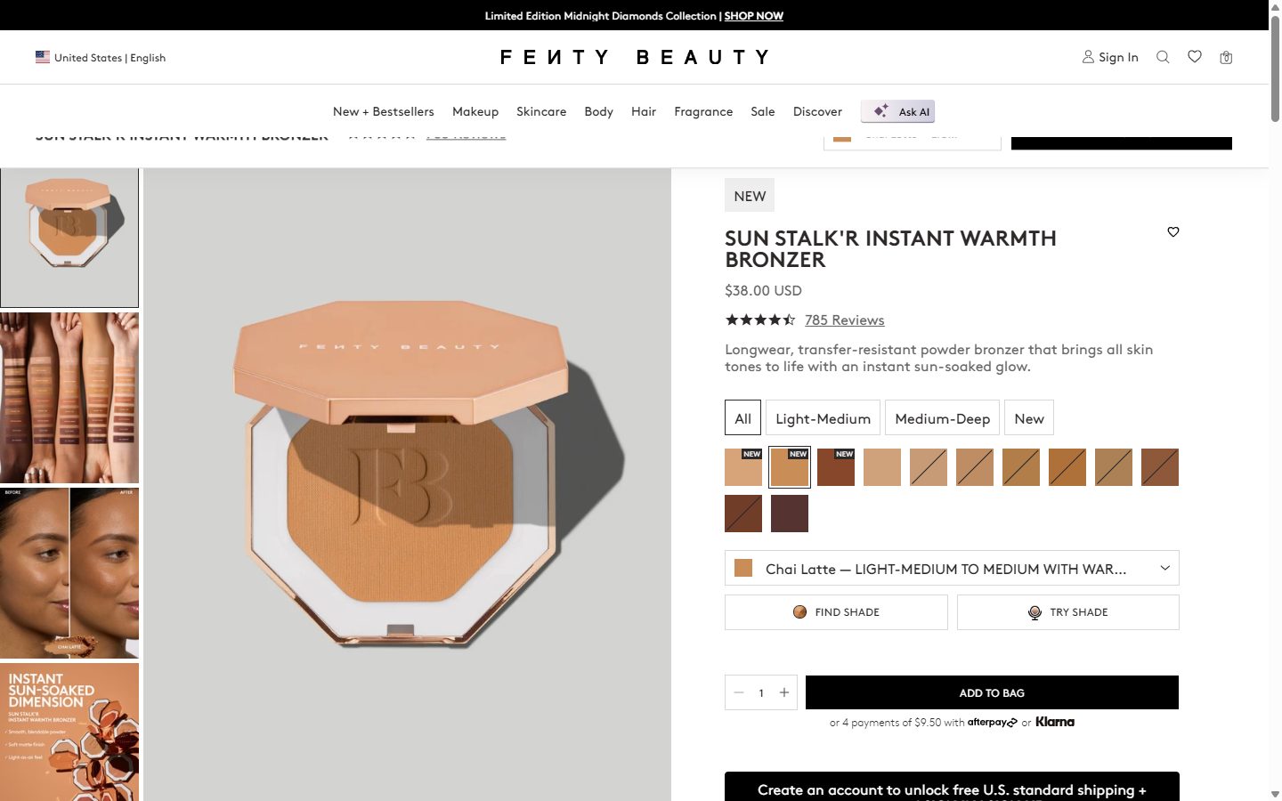 Fenty Beauty product page on desktop, not disclosed luxury beauty storefront captured at 1440 x 900