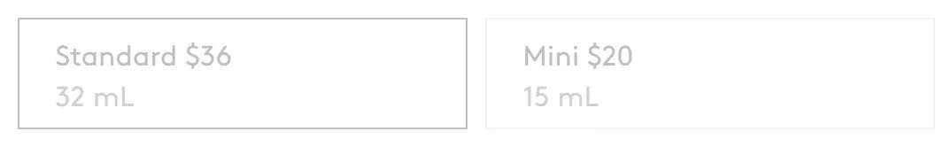 Fenty Beauty size selector photographed on its product page, 2 values as a radio list with text labels