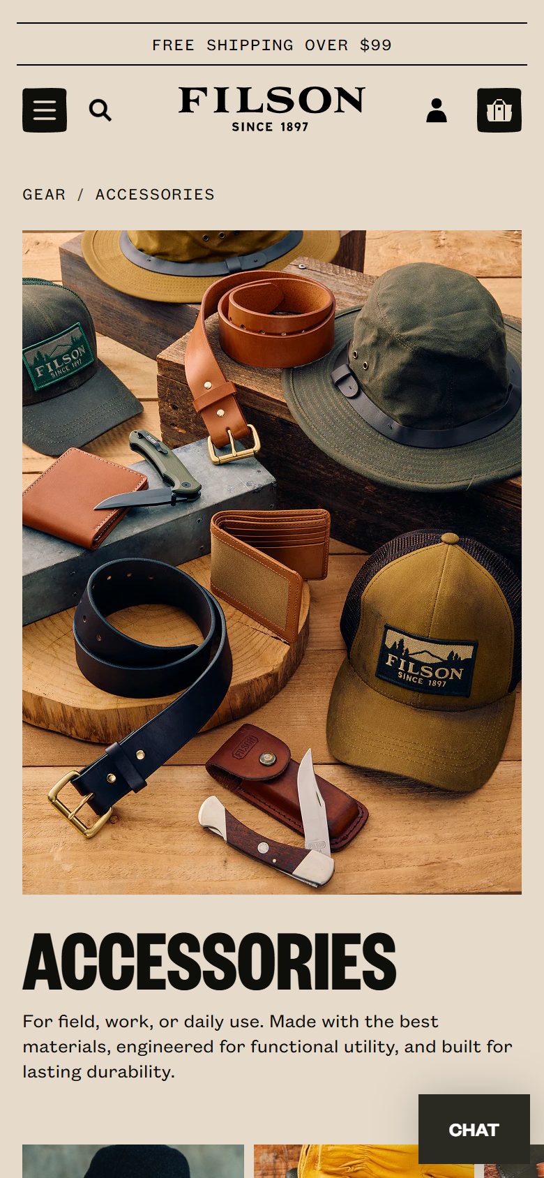 Filson collection: accessories on mobile, Shopify luxury leather goods storefront captured at 390 x 844
