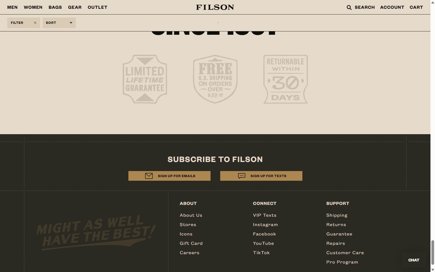 Filson collection: accessories on desktop, Shopify luxury leather goods storefront captured at 1440 x 900