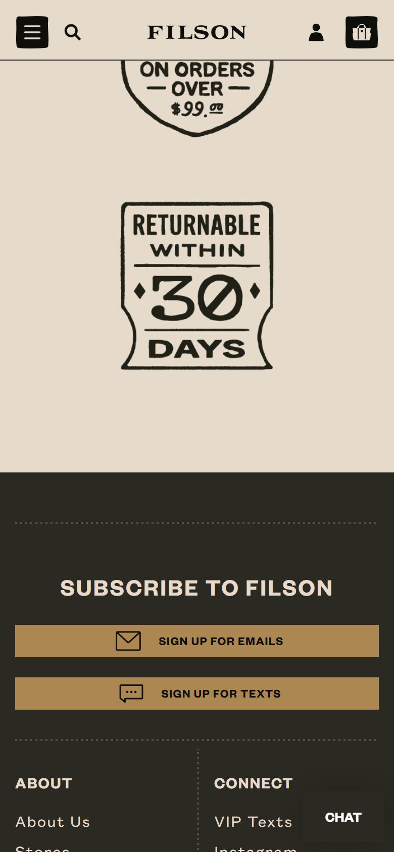 Filson homepage on mobile, Shopify luxury leather goods storefront captured at 390 x 844