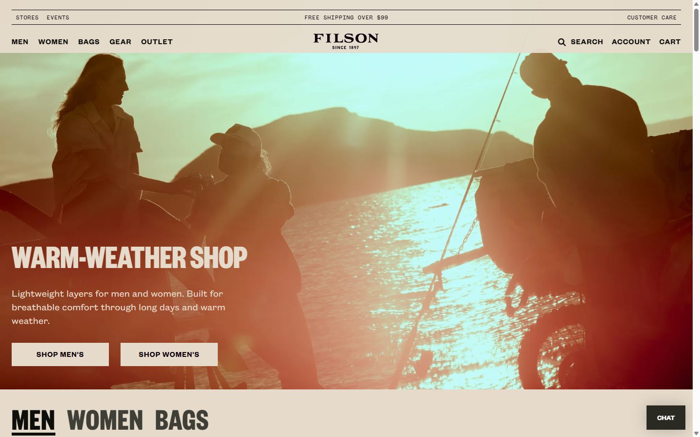 Filson homepage on desktop, Shopify luxury leather goods storefront captured at 1440 x 900